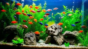 Aquarium dengan berbagai jenis ikan hias yang berwarna-warni
