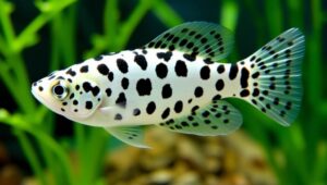 Ikan molly dalmatian dengan bintik-bintik hitam pada tubuh putihnya Ikan molly dalmatian dengan bintik-bintik hitam pada tubuh putihnya