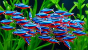 Sekelompok ikan neon tetra dengan garis biru neon yang berkilau Sekelompok ikan neon tetra dengan garis biru neon yang berkilau